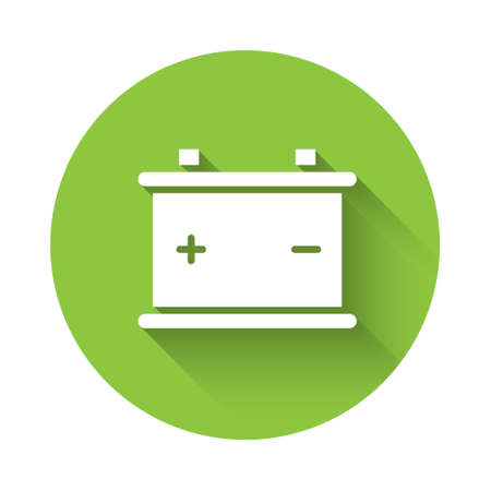 White Car battery icon isolated with long shadow. Accumulator battery energy power and electricity accumulator battery. Green circle button. Vector Illustrationのイラスト素材