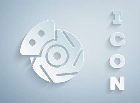 Paper cut Car brake disk with caliper icon isolated on grey background. Paper art style. Vector Illustrationのイラスト素材