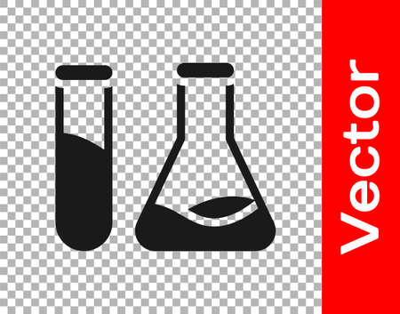 Black Test tube and flask - chemical laboratory test icon isolated on transparent background. Laboratory glassware sign. Vector Illustrationのイラスト素材