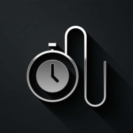 Silver Watch with a chain icon isolated on black background. Long shadow style. Vectorのイラスト素材