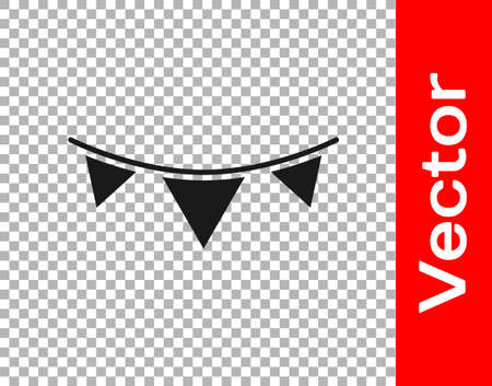 Black Carnival garland with flags icon isolated on transparent background. Party pennants for birthday celebration, festival decoration. Vector.のイラスト素材