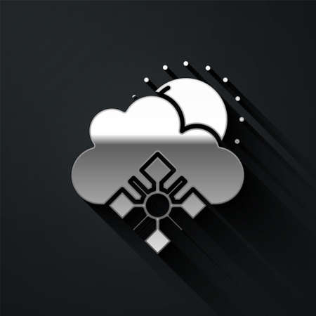 Silver Cloud with snow and sun icon isolated on black background. Cloud with snowflakes. Single weather icon. Snowing sign. Long shadow style. Vectorのイラスト素材