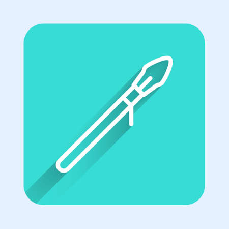 White line Medieval spear icon isolated with long shadow. Medieval weapon. Green square button. Vectorのイラスト素材