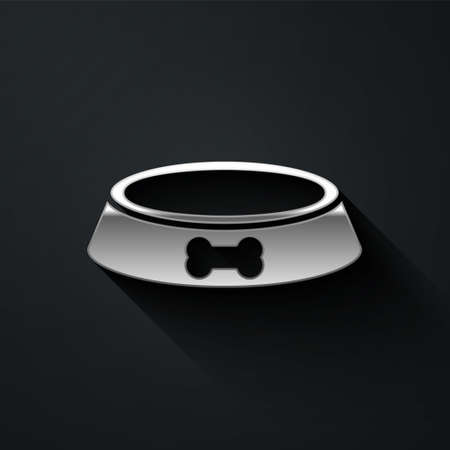 Silver Pet food bowl for cat or dog icon isolated on black background. Dog bone sign. Long shadow style. Vector.のイラスト素材