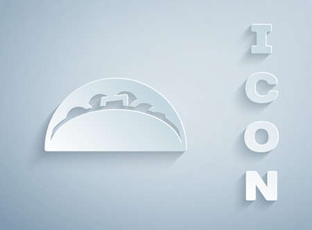 Paper cut Taco with tortilla icon isolated on grey background. Traditional mexican fast food menu. Paper art style. Vector.のイラスト素材