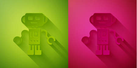 Paper cut Robot toy icon isolated on green and pink background. Paper art style. Vector.のイラスト素材