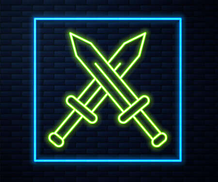 Glowing neon line Crossed medieval sword icon isolated on brick wall background. Medieval weapon.のイラスト素材