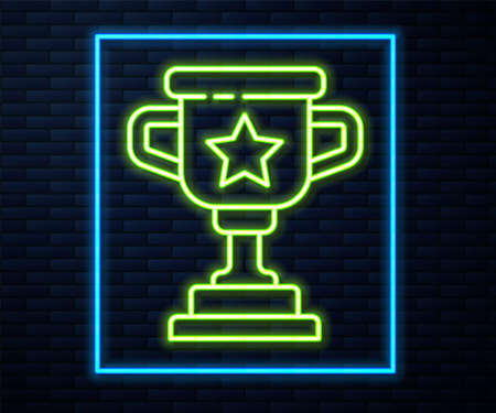 Glowing neon line Award cup icon isolated on brick wall background. Winner trophy symbol. Championship or competition trophy. Sports achievement sign. Vectorのイラスト素材