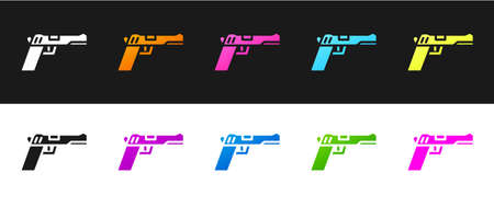 Set Pistol or gun icon isolated on black and white background. Police or military handgun. Small firearm. Vector Illustration.のイラスト素材