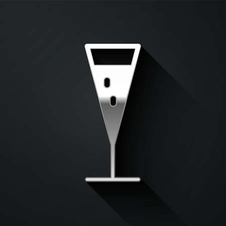 Silver Glass of champagne icon isolated on black background. Long shadow style. Vector Illustration.のイラスト素材