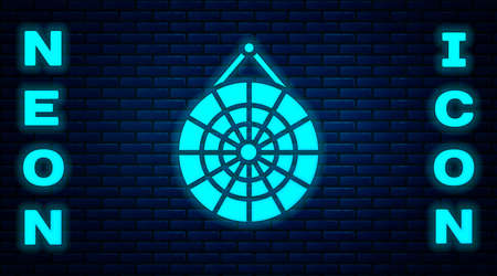 Glowing neon Classic dart board and arrow icon isolated on brick wall background. Dartboard sign. Game concept. Vector Illustration.のイラスト素材