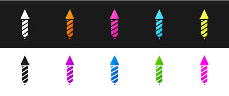 Set Firework rocket icon isolated on black and white background. Concept of fun party. Explosive pyrotechnic symbol.  Vector.のイラスト素材