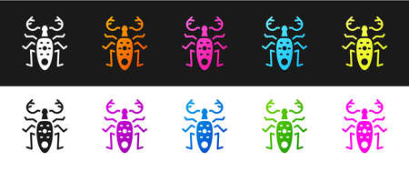 Set Beetle deer icon isolated on black and white background. Horned beetle. Big insect. Vector.のイラスト素材