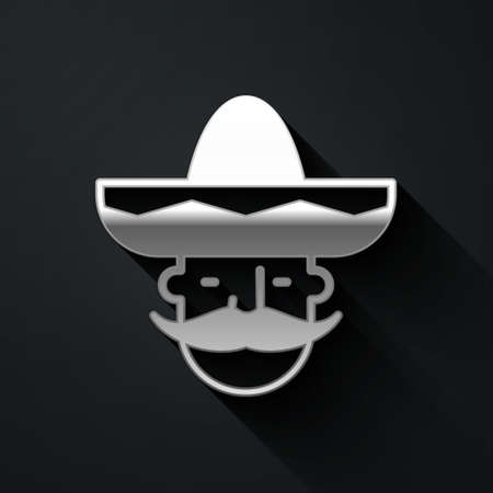 Silver Mexican man wearing sombrero icon isolated on black background. Hispanic man with a mustache. Long shadow style. Vector.のイラスト素材