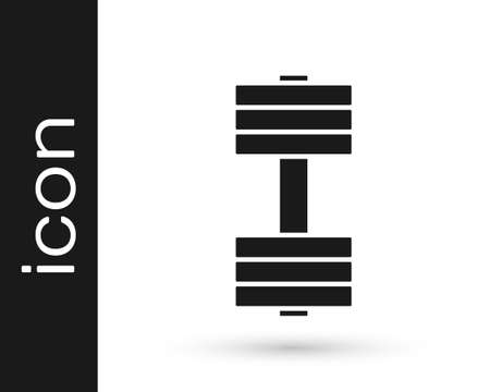 Black Dumbbell icon isolated on white background. Muscle lifting icon, fitness barbell, gym, sports equipment, exercise bumbbell. Vector.のイラスト素材