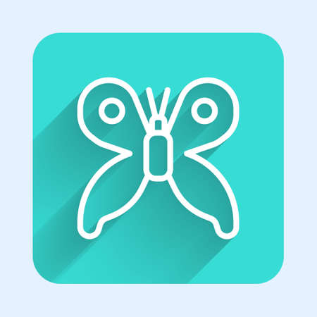 White line Butterfly icon isolated with long shadow. Green square button. Vector.のイラスト素材