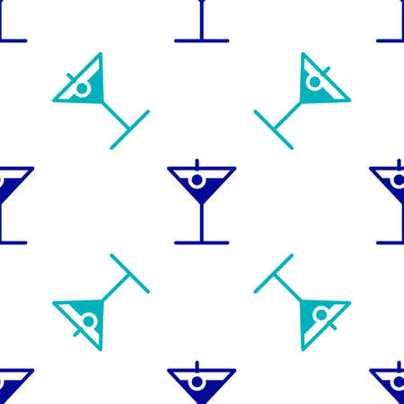Blue Martini glass icon isolated seamless pattern on white background. Cocktail icon. Wine glass icon. Vector Illustrationのイラスト素材