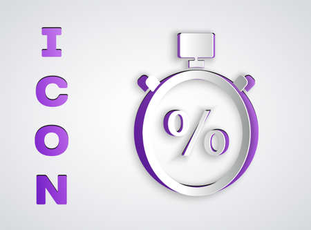 Paper cut Stopwatch and percent icon isolated on grey background. Time timer sign. Paper art style....