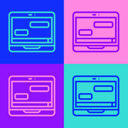 Pop art line New chat messages notification on laptop icon isolated on color background. Smartphone chatting sms messages speech bubbles. Vectorのイラスト素材