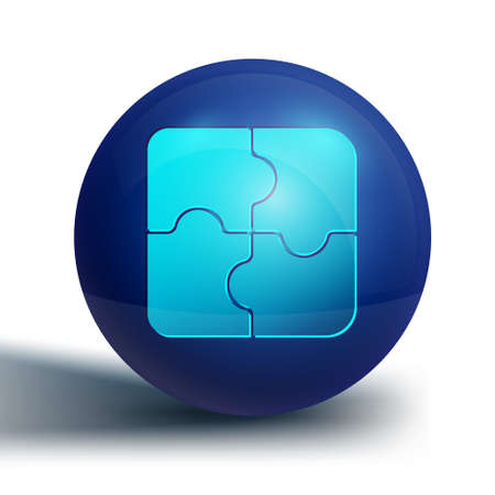 Blue Piece of puzzle icon isolated on white background. Business, marketing, finance, template, layout, infographics, internet concept. Blue circle button. Vector Illustrationのイラスト素材