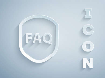 Paper cut Shield with text FAQ information icon isolated on grey background. Guard sign. Security, safety, protection, privacy concept. Paper art style. Vector Illustrationのイラスト素材
