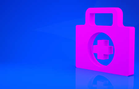 Pink First aid kit icon isolated on blue background. Medical box with cross. Medical equipment for emergency. Healthcare concept. Minimalism concept. 3d illustration. 3D renderの写真素材