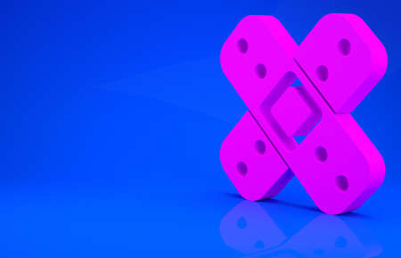 Pink Crossed bandage plaster icon isolated on blue background. Medical plaster, adhesive bandage, flexible fabric bandage. Minimalism concept. 3d illustration. 3D renderの写真素材