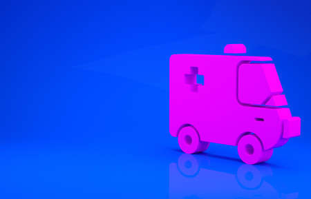 Pink Ambulance and emergency car icon isolated on blue background. Ambulance vehicle medical...