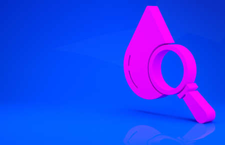Pink Drop and magnifying glass icon isolated on blue background. Minimalism concept. 3d illustration. 3D renderの写真素材