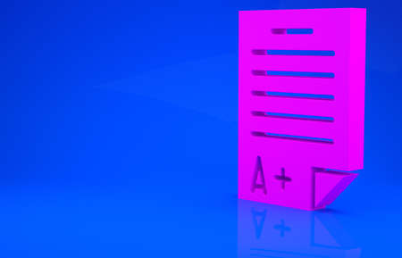 Pink Exam sheet with A plus grade icon isolated on blue background. Test paper, exam, or survey...
