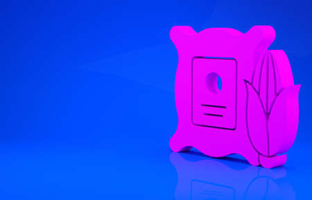 Pink Corn in the sack icon isolated on blue background. Corn in a canvas bag. Farmers market. Minimalism concept. 3d illustration. 3D renderの写真素材