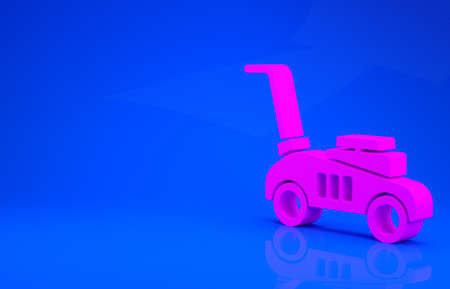 Pink Lawn mower icon isolated on blue background. Lawn mower cutting grass. Minimalism concept. 3d illustration. 3D renderの写真素材