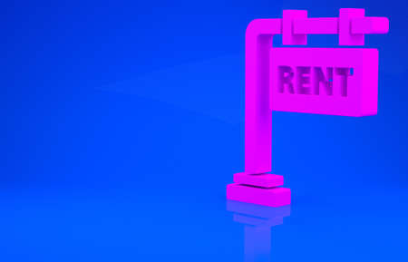 Pink Hanging sign with text Rent icon isolated on blue background. Signboard with text For Rent. Minimalism concept. 3d illustration. 3D renderの写真素材