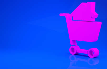 Pink Shopping cart with house icon isolated on blue background. Buy house concept. Home loan concept, rent, buying a property. Minimalism concept. 3d illustration. 3D renderの写真素材