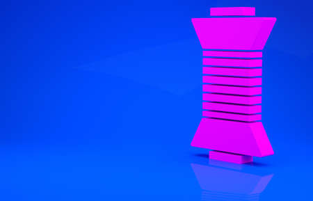 Pink Sewing thread on spool icon isolated on blue background. Yarn spool. Thread bobbin. Minimalism concept. 3d illustration. 3D renderの写真素材
