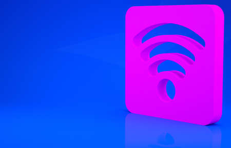 Pink WiFi wireless internet network symbol icon isolated on blue background. Minimalism concept.の写真素材