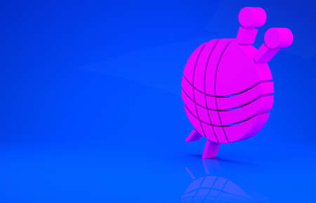 Pink Yarn ball with knitting needles icon isolated on blue background. Label for hand made, knitting or tailor shop. Minimalism concept. 3d illustration. 3D renderの写真素材