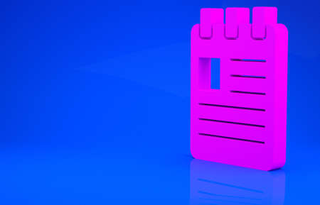 Pink Notebook icon isolated on blue background. Spiral notepad icon. School notebook. Writing pad. Diary for school. Minimalism concept. 3d illustration. 3D renderの写真素材