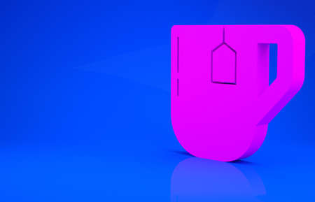 Pink Cup of tea with tea bag icon isolated on blue background. Minimalism concept. 3d illustration. 3D renderの写真素材