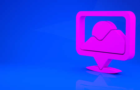 Pink Map pin icon isolated on blue background. Navigation, pointer, location, map, gps, direction, place, compass, search concept. Minimalism concept. 3d illustration 3D renderの写真素材