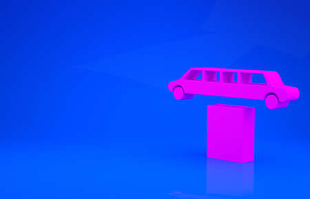 Pink Luxury limousine car and carpet icon isolated on blue background. For world premiere celebrities and guests poster. Minimalism concept. 3d illustration. 3D renderの写真素材