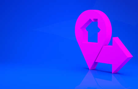 Pink Map pointer with house icon isolated on blue background. Home location marker symbol. Minimalism concept. 3d illustration. 3D renderの写真素材