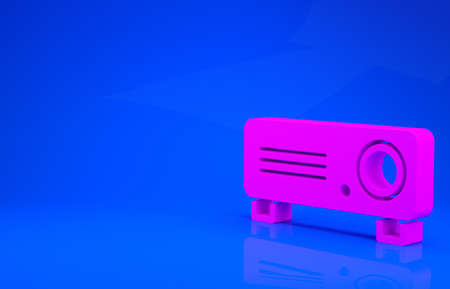 Pink Presentation, movie, film, media projector icon isolated on blue background. Minimalism concept. 3d illustration. 3D renderの写真素材