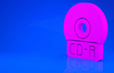 Pink CD or DVD disk icon isolated on blue background. Compact disc sign. Minimalism concept. 3d...