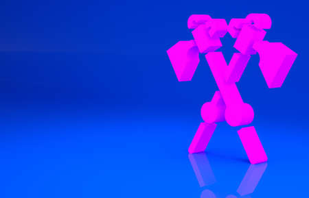 Pink Crossed medieval axes icon isolated on blue background. Battle axe, executioner axe. Medieval weapon. Minimalism concept. 3d illustration. 3D renderの写真素材