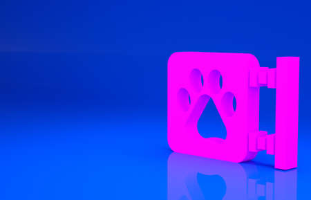 Pink Veterinary clinic symbol icon isolated on blue background. Cross hospital sign. A stylized paw print dog or cat. Pet First Aid sign. Minimalism concept. 3d illustration. 3D renderの写真素材