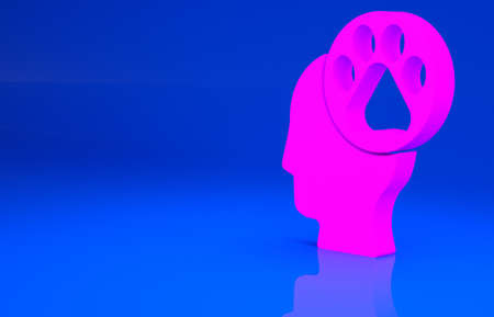 Pink Human head with animals footprint icon isolated on blue background. Pet paw in heart. Love to the animals. Minimalism concept. 3d illustration. 3D renderの写真素材