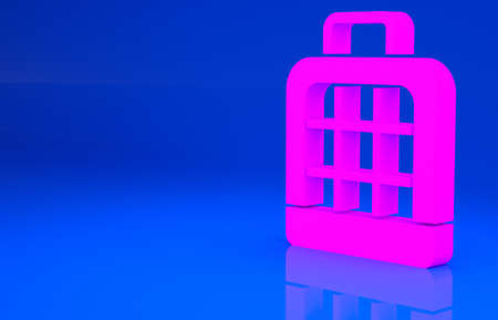 Pink Pet carry case icon isolated on blue background. Carrier for animals, dog and cat. Container for animals. Animal transport box. Minimalism concept. 3d illustration. 3D renderの写真素材