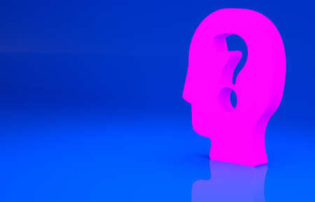 Pink Human head with question mark icon isolated on blue background. Minimalism concept. 3d illustration. 3D renderの写真素材
