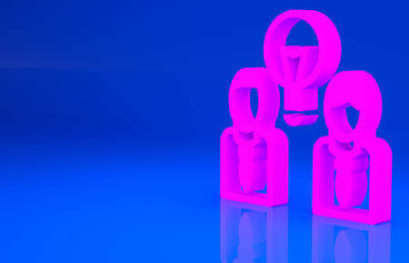 Pink People with lamp bulb icon isolated on blue background. Concept of idea. Minimalism concept. 3d illustration. 3D renderの写真素材